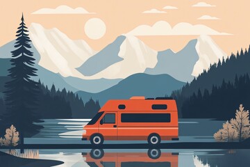 Cozy Unmanned Orange Camper Van Near Serene Lake and Mountains