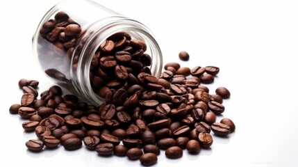 Fototapeta premium Close-up of coffee beans in a clear glass jar, falling down with coffee beans on the floor, placed on a white background. Studio photo.