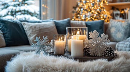 Winter-themed home decor highlights a cozy living area adorned with snowflake accents, plush icy-hued textiles, and stylish candles for a welcoming ambiance.