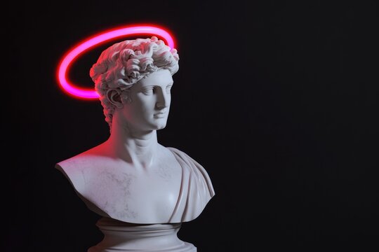 Marble Sculpture Bust with Neon Halo: Modern Art Fusion for Interior Decor