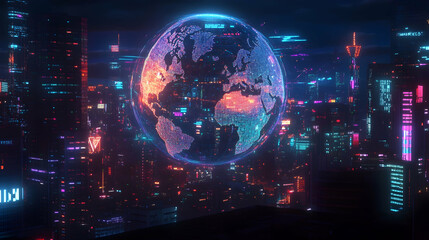 Obraz premium Futuristic cityscape with glowing globe displaying global data streams