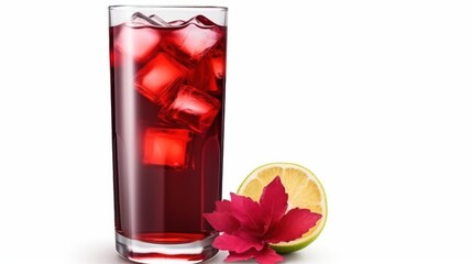 Close-up of red hibiscus juice in a glass with ice cubes, decorated with red flowers next to it, placed on a white background.