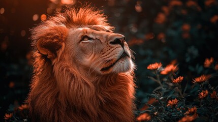 Fototapeta premium Majestic lion gazing upward amidst blooming flowers during sunset in a lush landscape