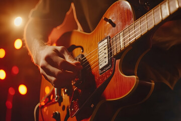 Obraz premium Hands playing an electric guitar on a dimly lit stage with bokeh lights