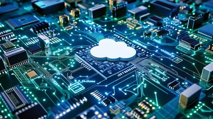 Obraz premium Depiction of cloud computing as an interconnected network of data storage and processing through a symbolic processor chip circuit with a cloud icon