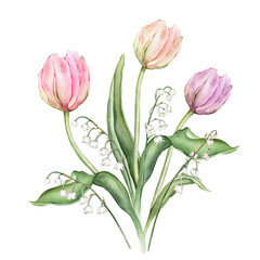 Fototapeta premium Bouquet of Pastel multi-colored Tulips and tender poured lily of the valley. Watercolor Hand drawn illustration delicate garden composition perennial bulbous flower for spring wedding design or card