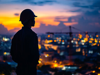 Fototapeta premium Silhouette of an Asian engineer at a nighttime construction site in Thailand, highlighting the industrial landscape and night sky