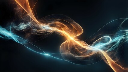 Abstract swirling waves of orange and blue light against a dark background.