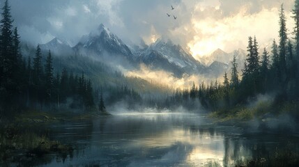 Fototapeta premium A Serene Mountain Lake with Misty Forest and Birds in Flight