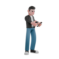 Cartoon Cameraman 3D Creative Artwork Design Model. A male cameraman standing holding a cellphone in his right hand while looking at it, and his left hand as if he wants to operate it. Illustration