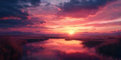 Obraz premium Serene sunset casting warm hues in a tranquil landscape, showcasing the beauty of a stunning sunset. This captivating sunset offers a perfect moment to embrace nature s artwork.