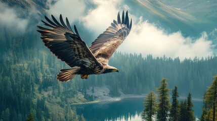 Majestic Eagle Soaring Over Misty Mountain Lake