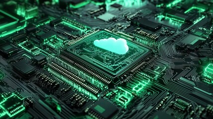 Fototapeta premium Depiction of cloud computing as an interconnected network of data storage and processing through a symbolic processor chip circuit with a cloud icon