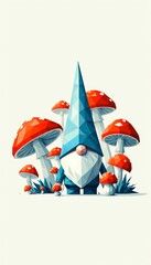 Obraz premium Minimalist illustration of low poly gnome surrounded by Amanita mushrooms
