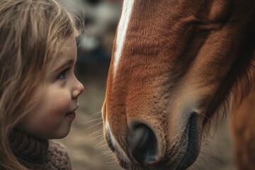 A young girl gazes affectionately at a horse. This touching moment captures the bond between human and animal. Nature and innocence intertwine beautifully here. Generative AI