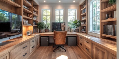 Luxurious Wooden Home Office With Built In Bookshelves