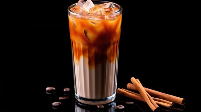 Iced mocha latte with chocolate and multi-layered cream, delicious and inviting to drink, with an advertising poster, space for writing a message.