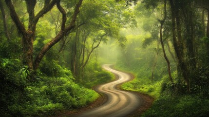 Obraz premium Winding road through a lush, misty forest.