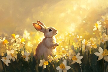 Fototapeta premium Cute Rabbit in a Field of Bright Yellow Flowers at Sunrise