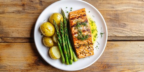 Top view of a delicious grilled salmon fillet served with potatoes and vibrant asparagus, all beautifully garnished with dill sauce on a classic white plate, placed on rustic wooden table.
