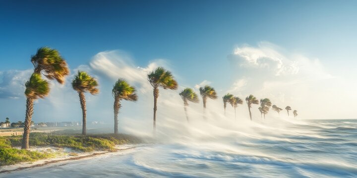 Tropical storm Ida impacts the coastline with strong winds, causing palm trees to sway dramatically. The force of tropical storm Ida showcases the power of weather formations in the region.