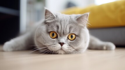 Close-up Portrait of a Grey Cat with Bright Yellow Eyes