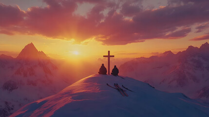 Fototapeta premium Silhouetted Skiers Watching Sunrise Over Snow-Capped Mountains and Cross