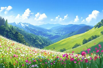 Obraz premium Scenic Colorful Flower Field in Lush Green Valley Landscape