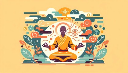 Obraz premium Shaolin monk practicing meditation with harmonious energy flow and vibrant colors