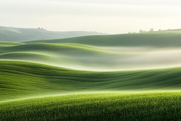Fototapeta premium Serene Rolling Hills of Lush Green Fields at Dawn with Mist