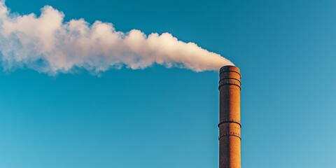 A tall industrial chimney releases long streams of smoke, contributing to pollution in the atmosphere while standing against a clear blue sky, highlighting the impact of industrial activity on air