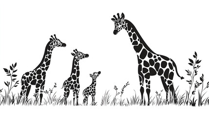 Obraz premium Black and white vector illustration of a giraffe family, with a simple design, bold lines, and a cute style. 