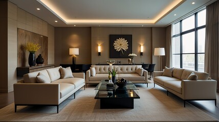 Minimalist living room with a neutral color palette, floor-to-ceiling windows, and greenery, creating a tranquil and airy ambiance for modern homes.