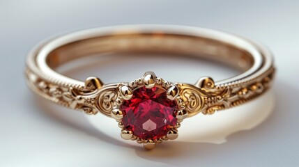 Close-up of ornate gold ring with red gemstone.