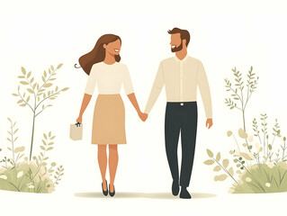 Happy Couple Walking Hand in Hand in Lush Park with Ample Copy Space