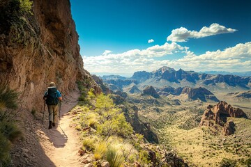 Majestic Mountain Landscape with Hiker on Rocky Trail at Sunrise