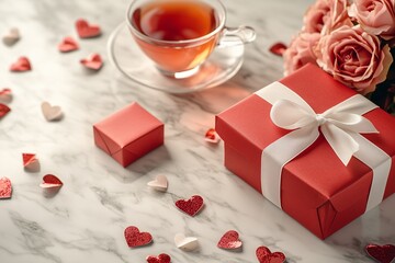 Valentine's Day background. Gift box, red roses, hot tea in cup and aper hearts on background. Flat lay, directly above, copy space.