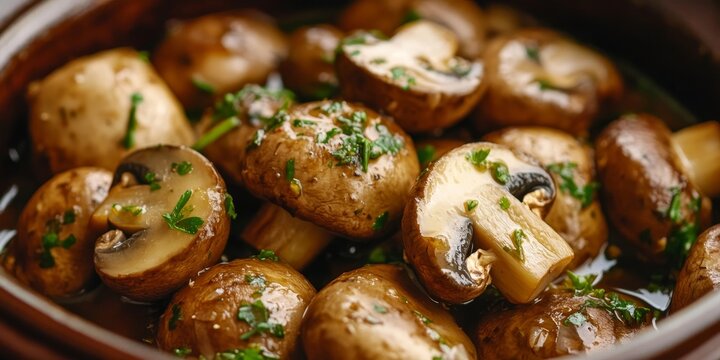 Delicious marinated mushrooms in a pot, showcasing a vibrant display of marinated mushrooms, perfect for adding flavor and texture to various dishes featuring marinated mushrooms.