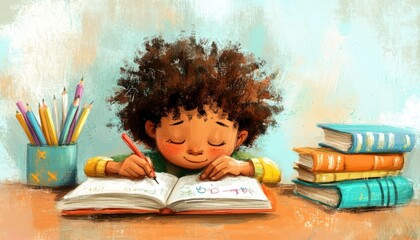 A child happily writing in a book, surrounded by colorful stationery.
