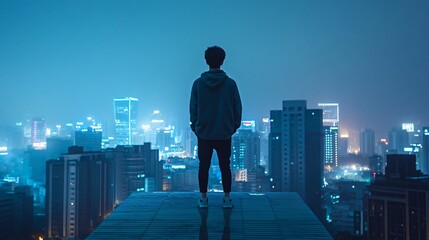 Fototapeta premium A young man stands on a rooftop, gazing at the glowing city skyline at night, embodying the dreams and aspirations of Gen Z. The scene reflects the digital age, urban lifestyle, and the dynamic energy