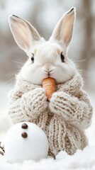 Obraz premium Adorable white rabbit in a cozy knitted sweater holding a carrot in a snowy winter setting, AI