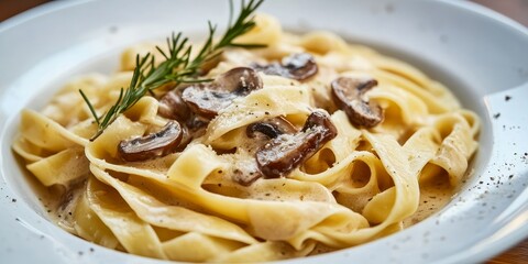 Delicious taggliatelle pasta served with a rich funghi porcini sauce creates a delightful meal. The blend of taggliatelle and funghi porcini sauce offers a unique culinary experience.