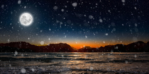 winter christmas background with falling snow at night