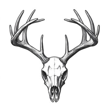 White-tailed deer skull and antlers, simple vector illustration with black lines on a white background. 