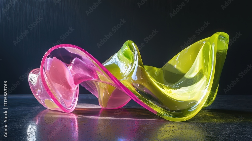 Poster dynamic transparent glossy curves of colorful material with fluid forms and smooth surfaces