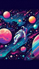 Obraz premium A vibrant astronaut floats through a colorful cosmic scene filled with planets and stars