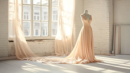 Peach wedding dress on mannequin in sunlit room.
