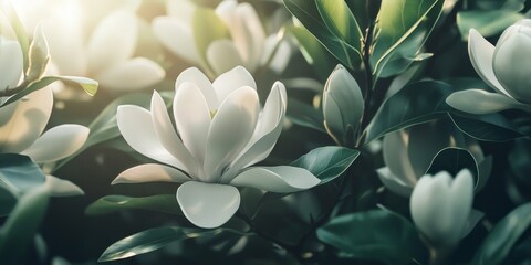 Obraz premium Spring background featuring a close up of magnolia, showcasing delicate white flowers and lush green leaves, creating a vibrant and fresh spring atmosphere with magnolia details.