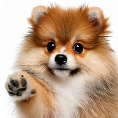 Obraz premium Close-up front shot of a light brown and white Pomeranian puppy’s adorable paw, as if offering a handshake, set against a clean white background. The dog is gazing at the camera with such sweetness.