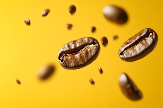 Mocha Coffee beans flying on yellow background isolated
